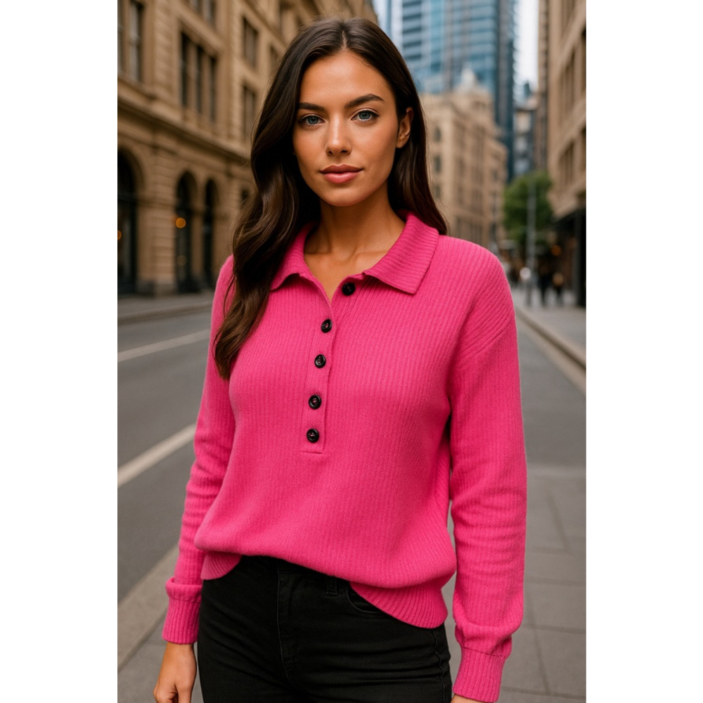 Como Blu Knit Sweater Buttery Soft Ribbed Button Front Collared M Hot Pink Boho